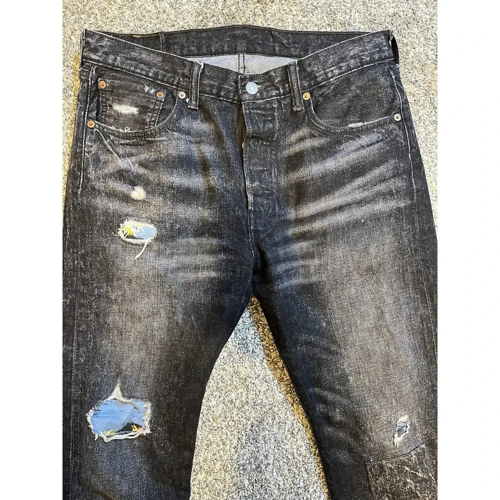 Levi's 501‎ Jeans Mens 32x32 Black Straight Leg Distressed Button Fly Denim